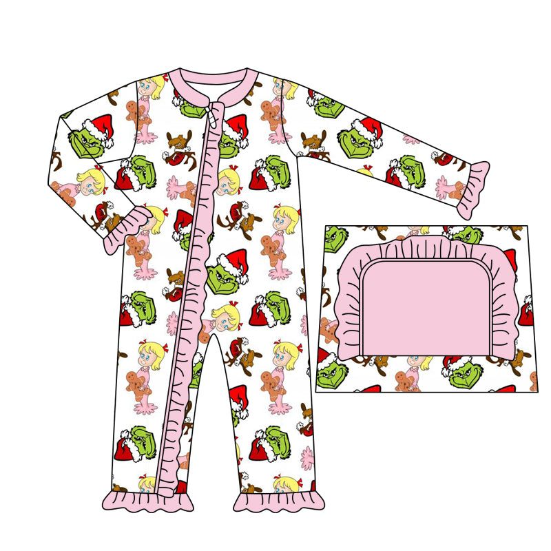 preorder LR1336 Christmas green face girl pink long sleeve zipper girls romper