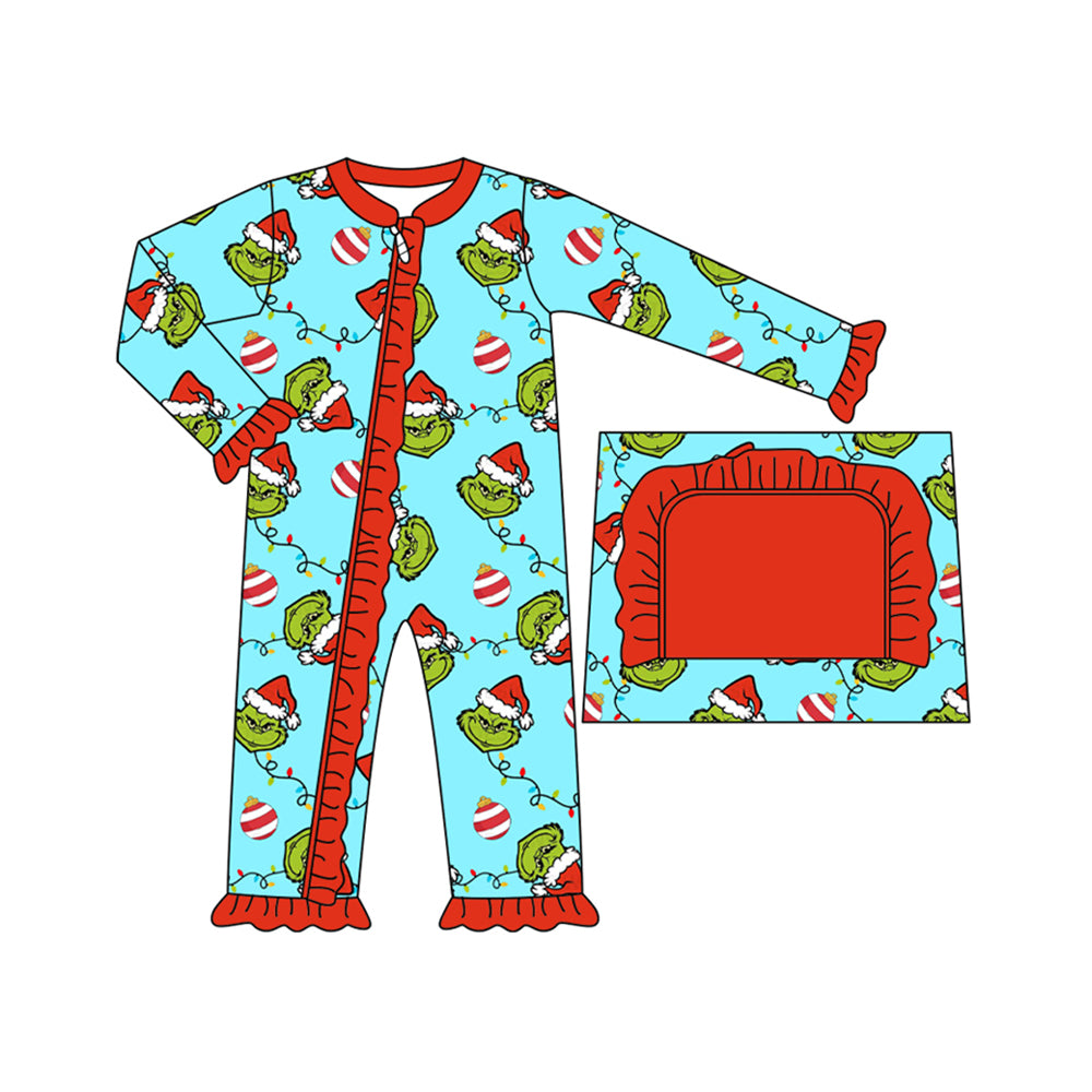 preorder LR1347 Christmas green face light blue long sleeve girls romper