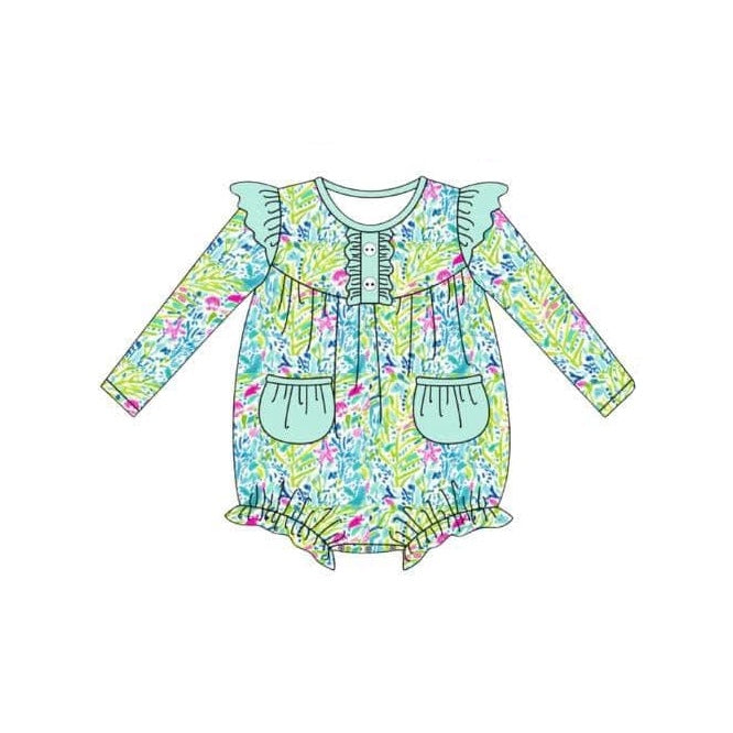 preorder LR1353 colorful flowers green long sleeve girls romper