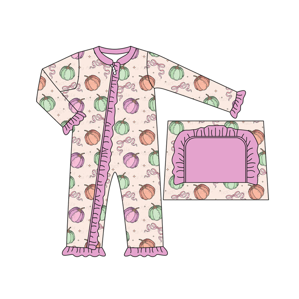 preorder LR1357 Autumn colorful pumpkin purple long sleeve zipper girls romper