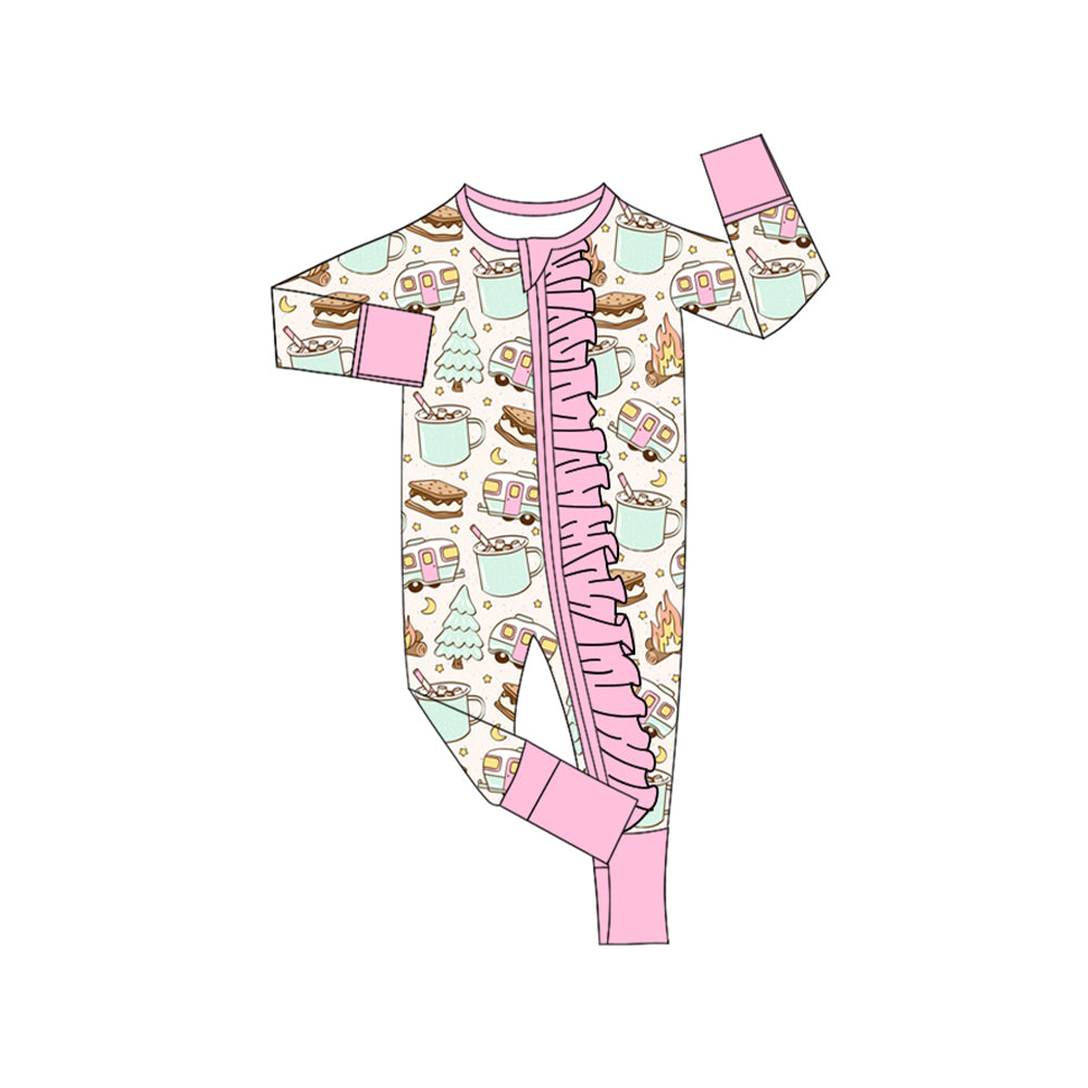 preorder LR1359 camping cake bus fire long sleeve zipper girls romper