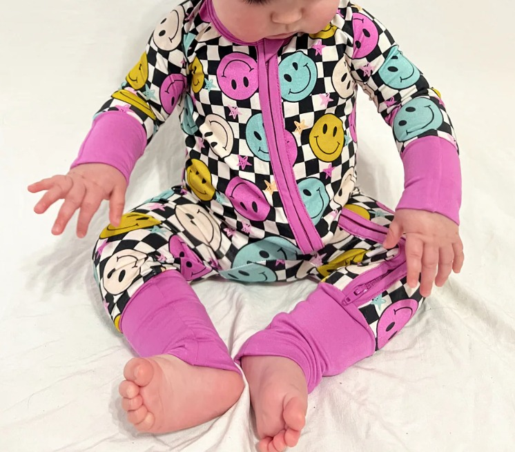 preorder LR1380 smile black checkered hot pink long sleeve girls zipper romper