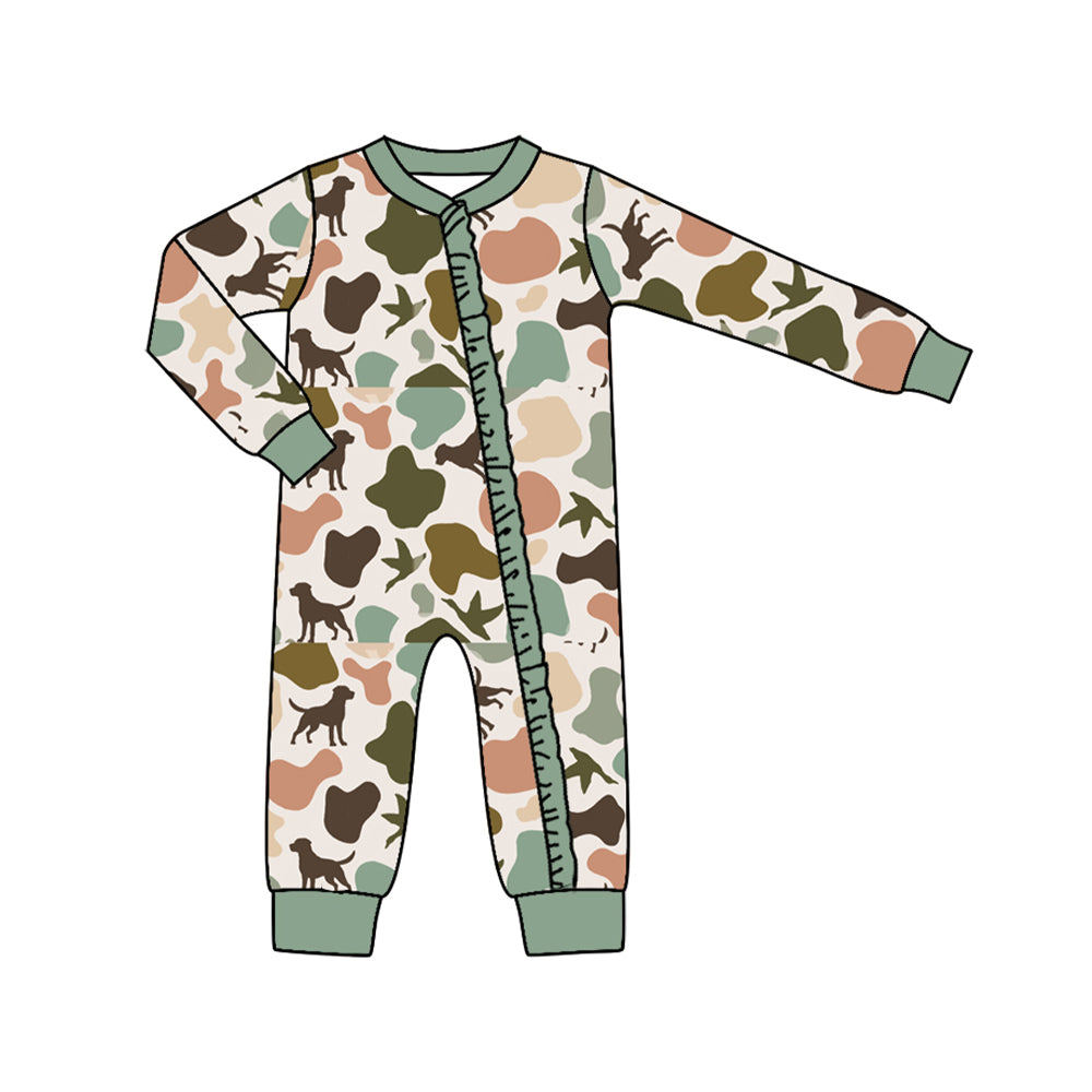 preorder LR1386 hunting camo dogs long sleeve girls zipper romper