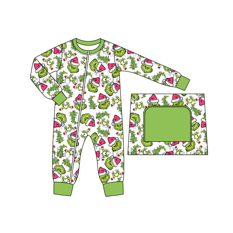 preorder LR1394 Christmas green face green long sleeve boys romper