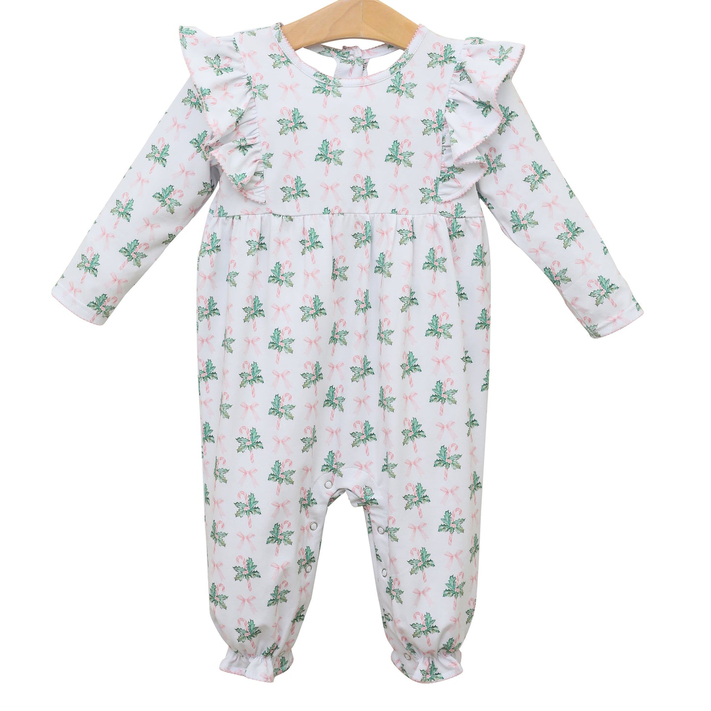 preorder LR1404 Christmas holly berry cane candy pink bows long sleeve girls romper