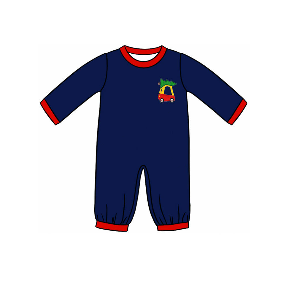 preorder LR1422 Christmas tree golf car navy blue long sleeve boys romper
