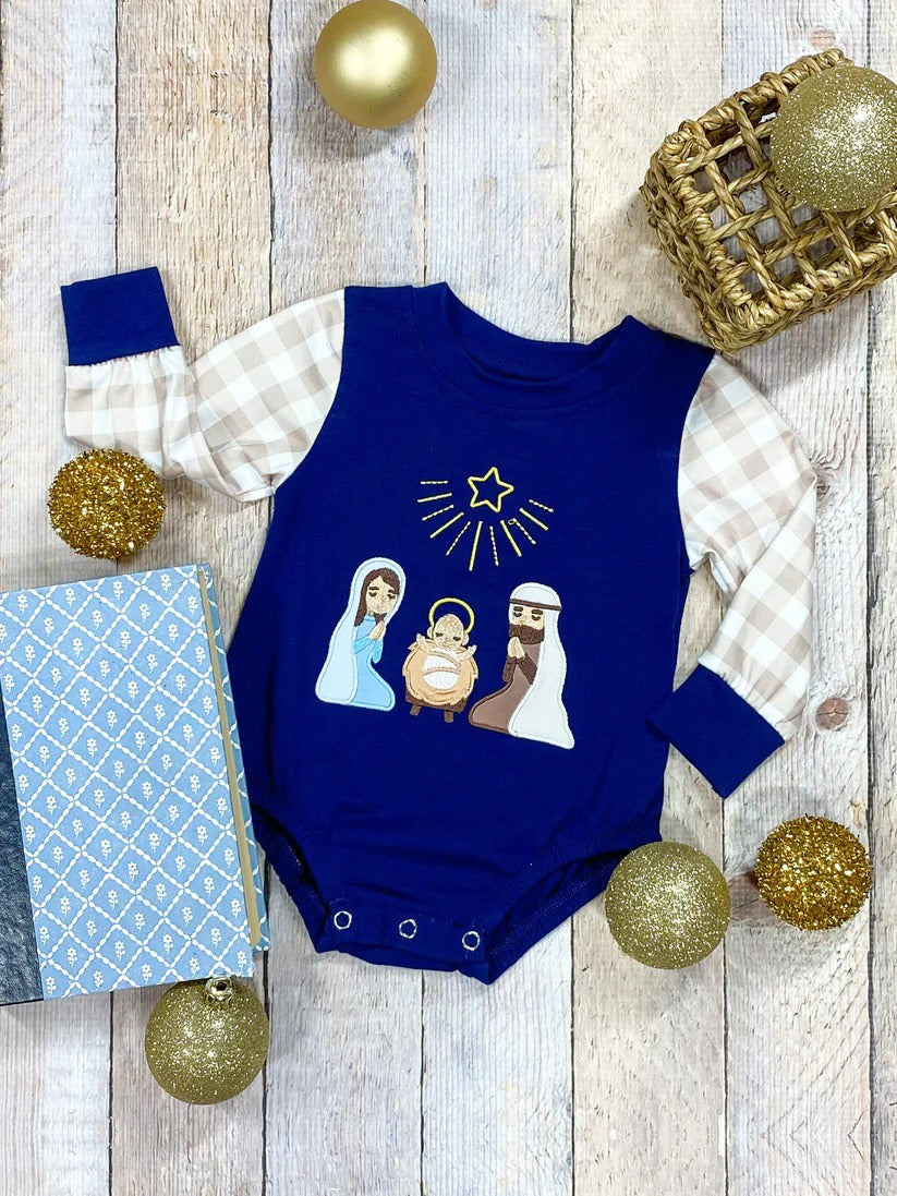 preorder LR1472 The Nativity Story navy blue checkered long sleeve boys romper
