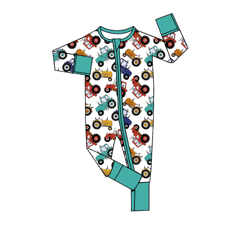 preorder LR1487 farm colorful trator long sleeve zipper boys romper