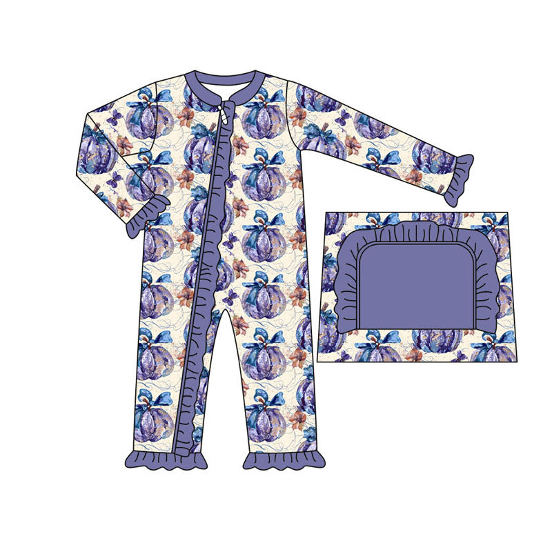 preorder LR1497 purple pumpkin flowers long sleeve zipper girls romper
