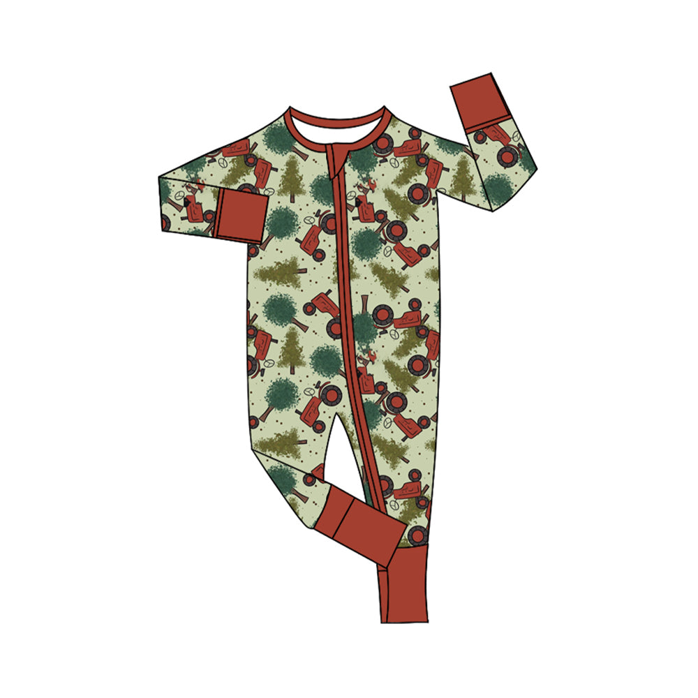 preorder LR1507 Christmas farm tree tractor long sleeve zipepr boys romper