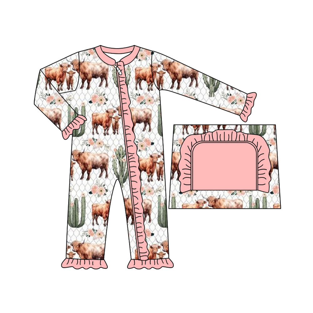 preorder LR1522 Western cactus cow pink long sleeve girls zipper romper