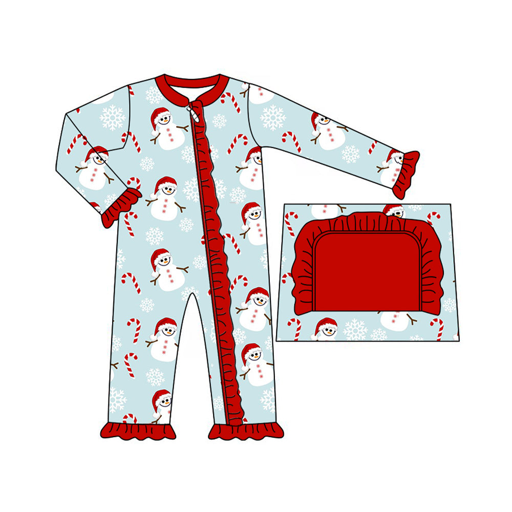 preorder LR1534 Christmas cane candy snowman blue long sleeve zipper girls romper