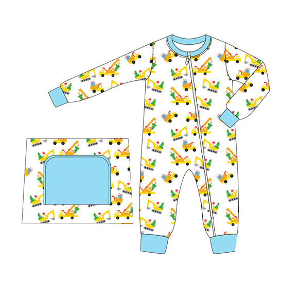 preorder LR1536 Christmas tree construction truck long sleeve boys zipper romper