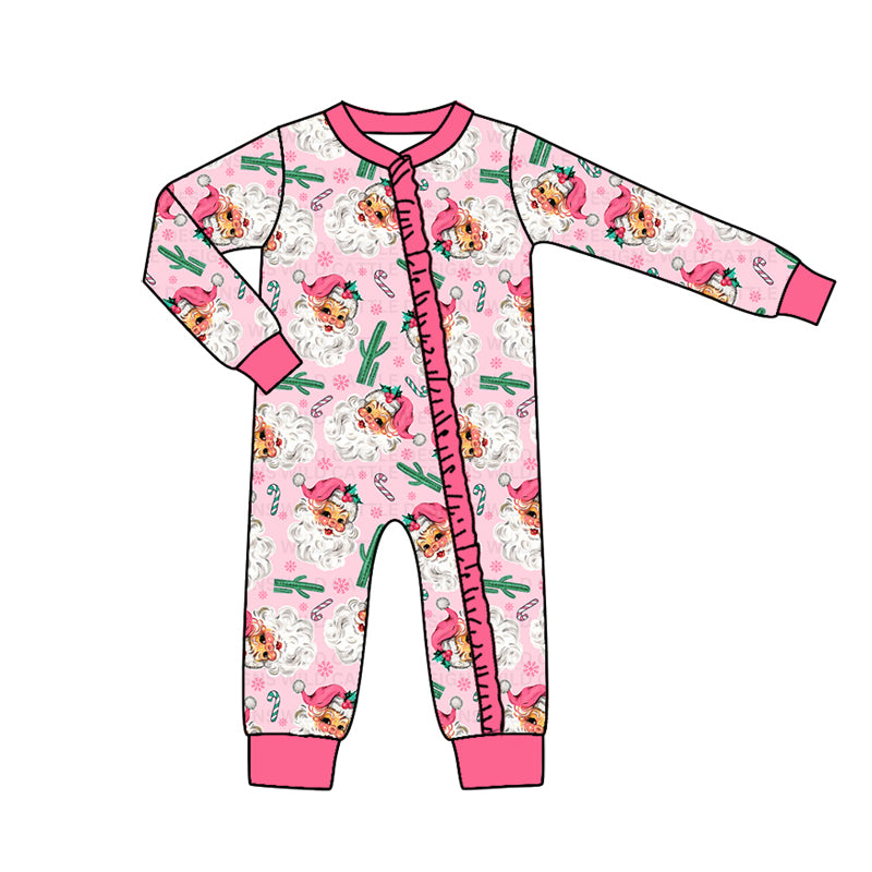 preorder LR1537 Christmas Western Santa cane candy pink long sleeve girls zipper romper