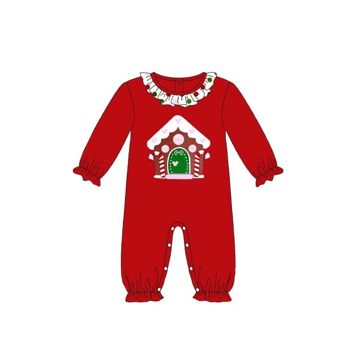 preorder LR1538 Christmas house red long sleeve girls romper