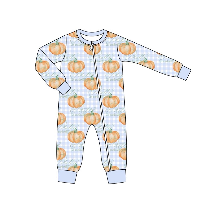 preorder LR1613 Autumn pumpkin blue checkered long sleeve zipper boys romper