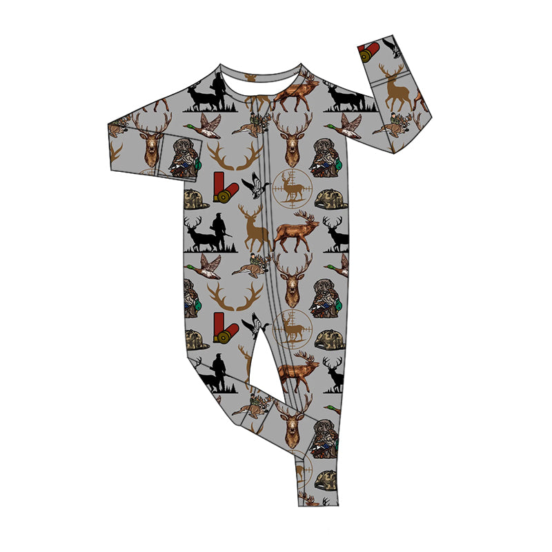 preorder LR1627 Hunting mallard duck deer grey long sleeve zipper boys romper
