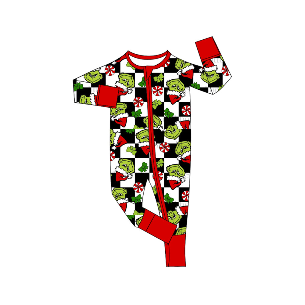 preorder LR1636 Christmas green face black checkered long sleeve girls zipper romper