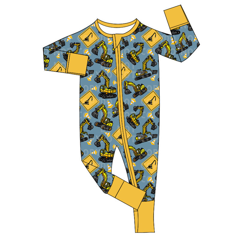 preorder LR1639 constructor truck yellow long sleeve zipper boys romper