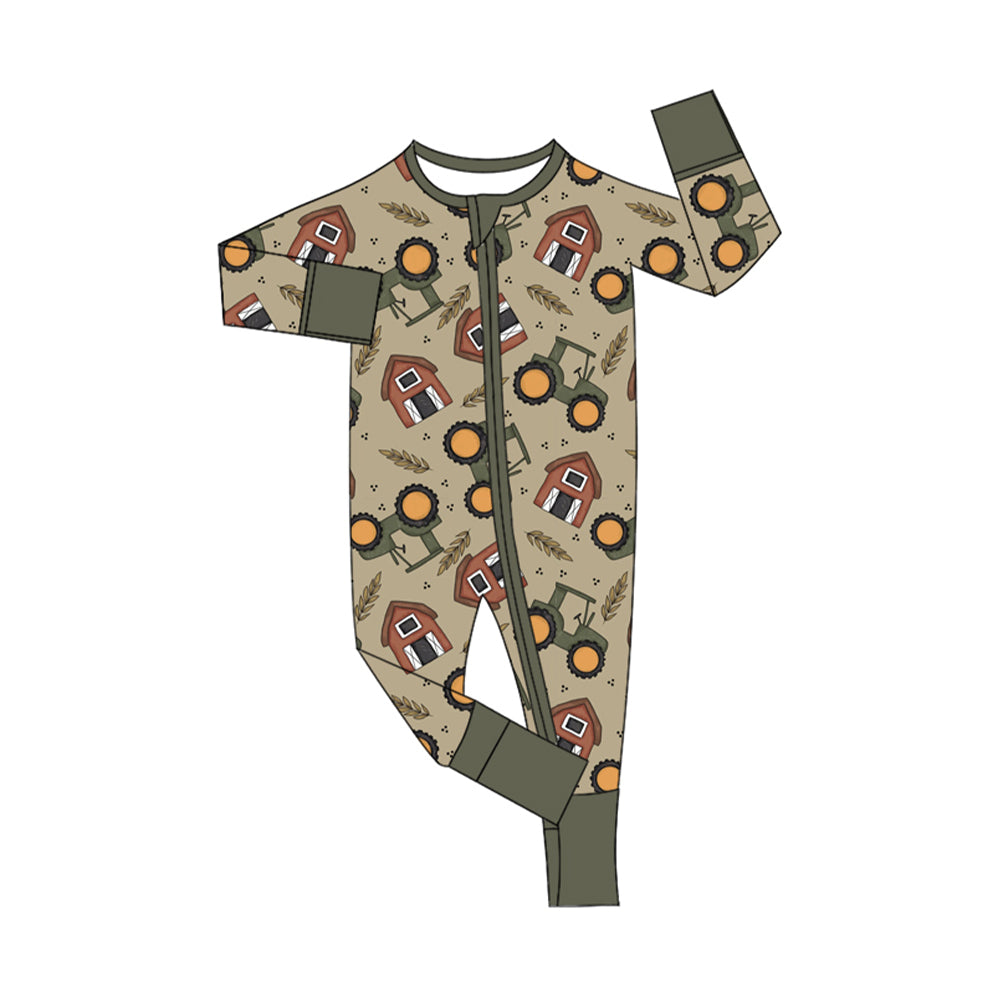preorder LR1640 farm house tractor long sleeve zipper boys romper