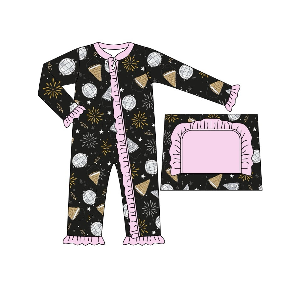 preorder LR1666 happy new year firework black long sleeve zipper girls romper
