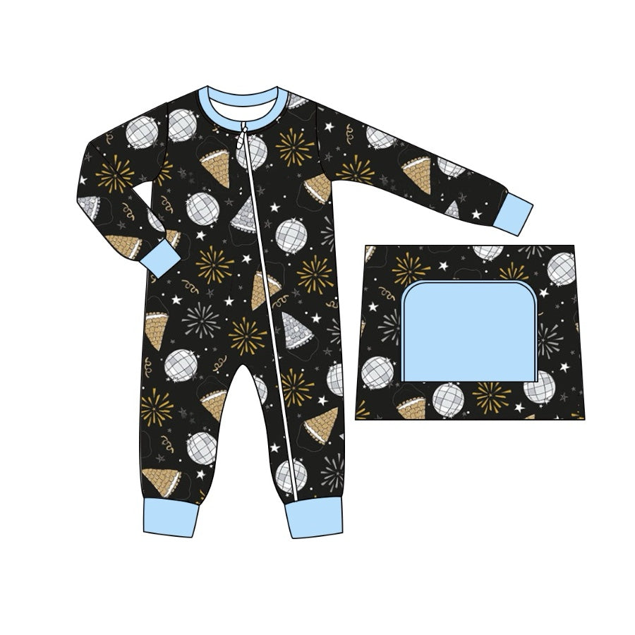 preorder LR1667 happy new year firework black long sleeve zipper boys romper