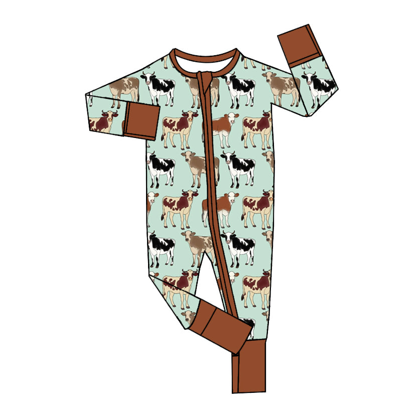 preorder LR1708 farm cow green long sleeve zipper boys romper