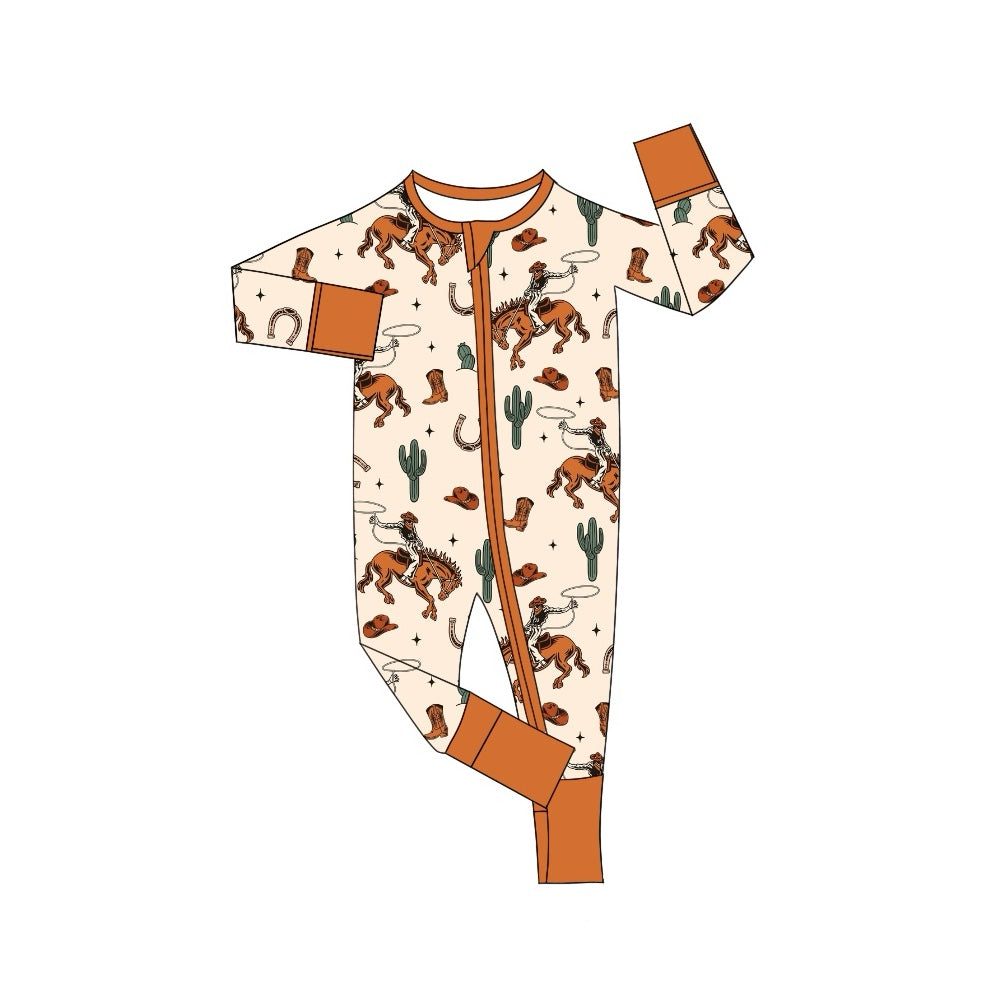 preorder Western rodeo cactus brown long sleeve zipper boys romper