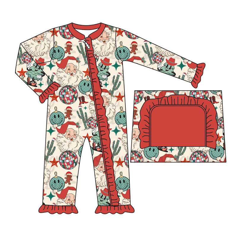 preorder LR1739 Christmas Western Santa cactus long sleeve zipper girls romper