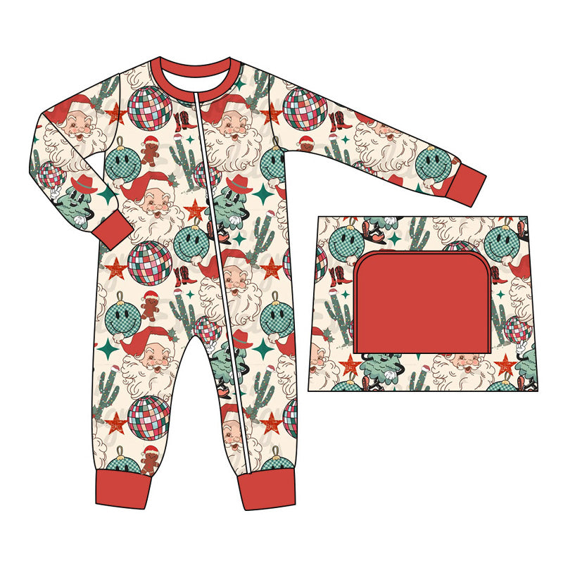 preorder LR1740 Christmas Western Santa cactus long sleeve zipper boys romper