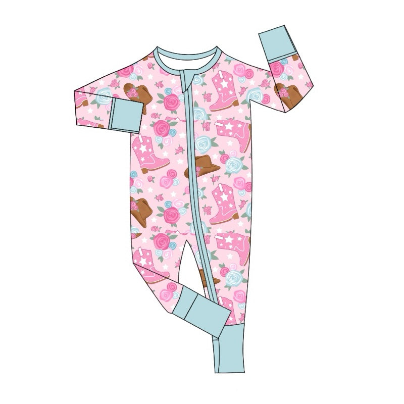 preorder LR1756 Western boots hat flowers pink long sleeve zipper girls romper