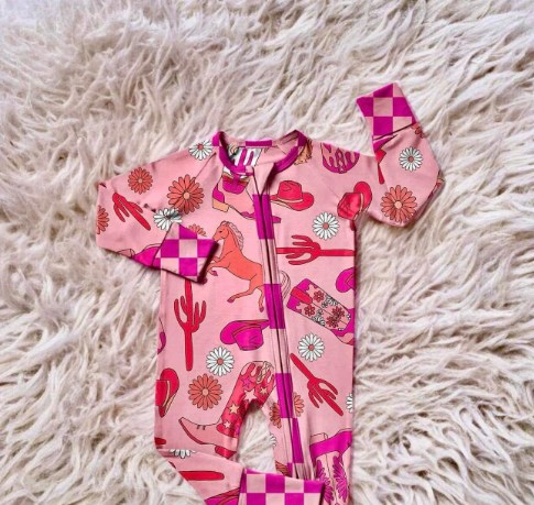 preorder LR1757 Western cactus horse hot pink long sleeve zipper girls romper