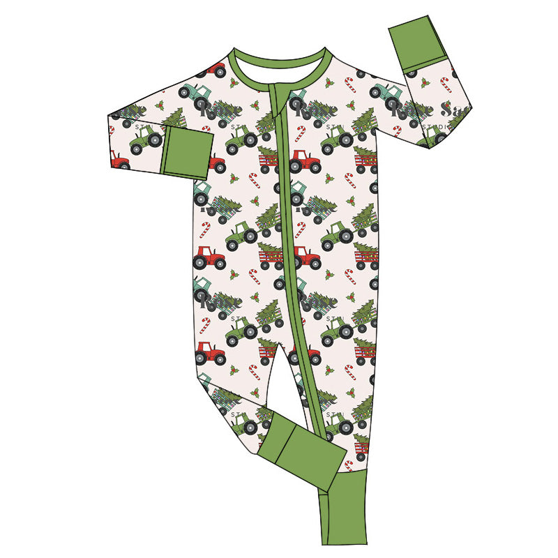 preorder LR1767 Christmas tree truck car cane candy green long sleeve zipper boys romper