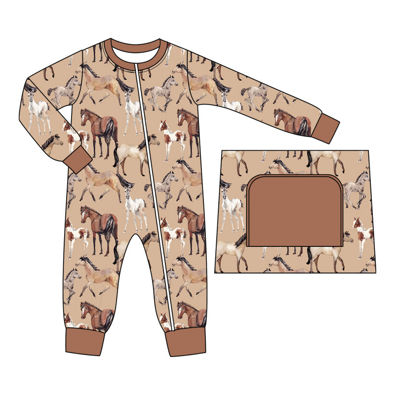 preorder LR1772 Farm horse brown long sleeve zipper boys romper