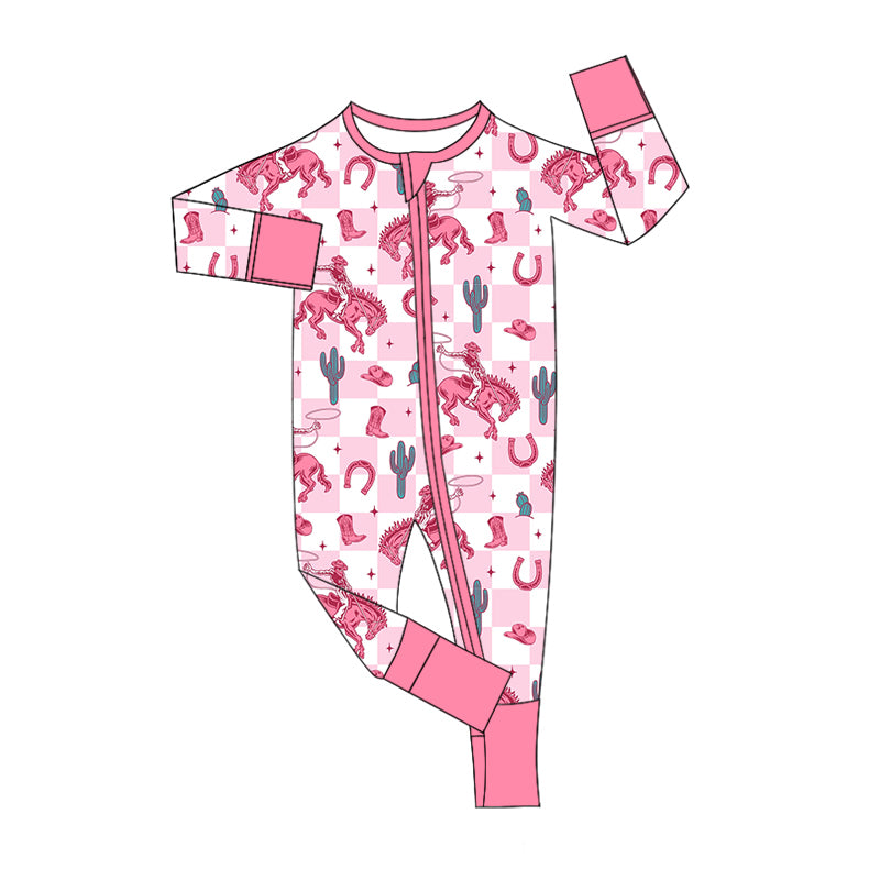 preorder LR1773 Western rodeo cactus pink checkered long sleeve zipper girls romper