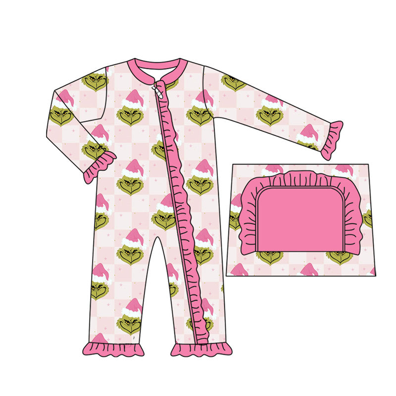 preorder LR1784 Christmas green face pink checkered long sleeve zipper girls romper