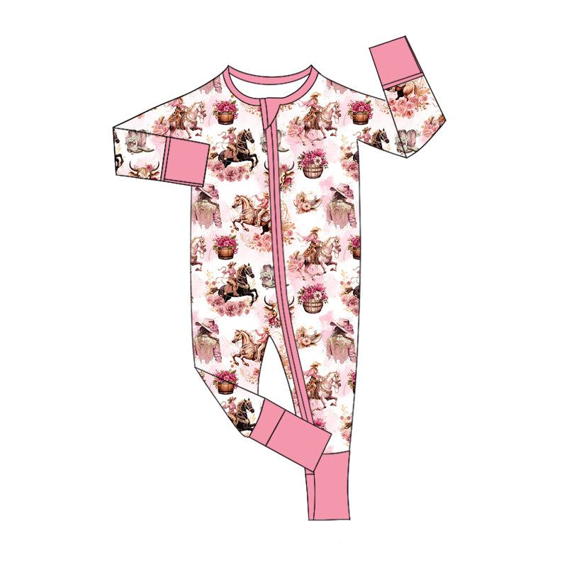 preorder LR1786 Western rodeo flowers pink long sleeve zipper girls romper