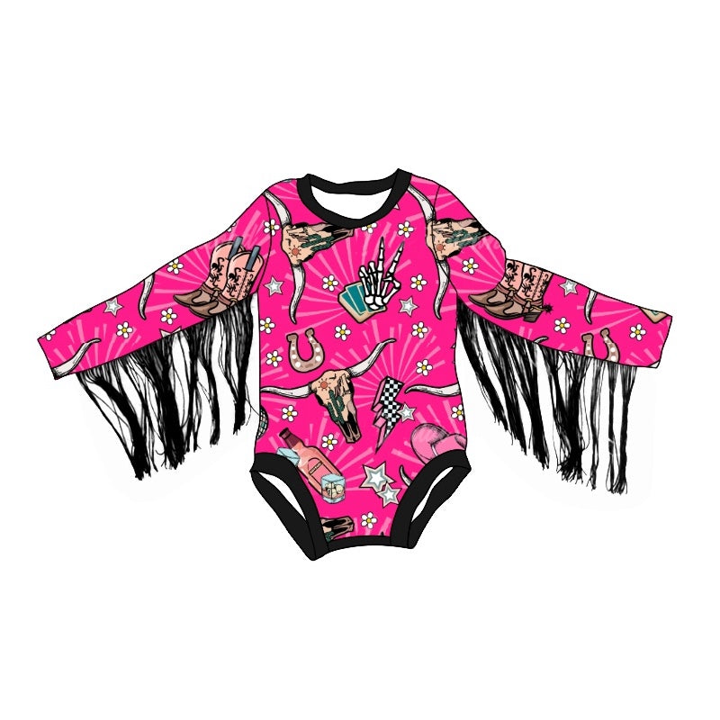 preorder LR1823 Western cow boot hat hot pink tassels long sleeve girls romper