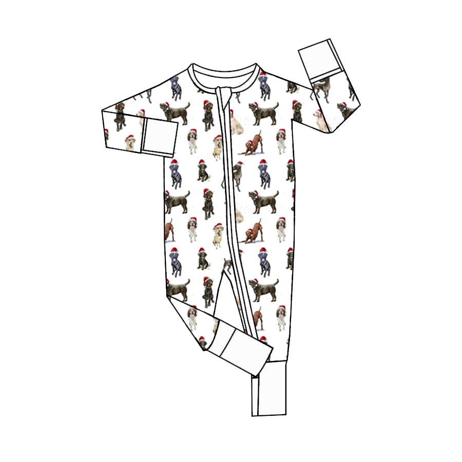 preorder LR1920 Christmas cute dog white long sleeve zipper boys romper