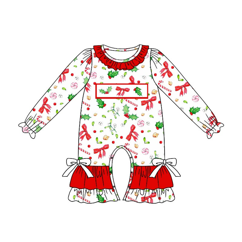 preorder LR1931 Christmas bows holly berry red long sleeve girls romper