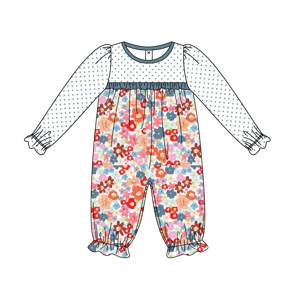 preorder LR2019 cute colorful flowers dot navy blue long sleeve girls romper