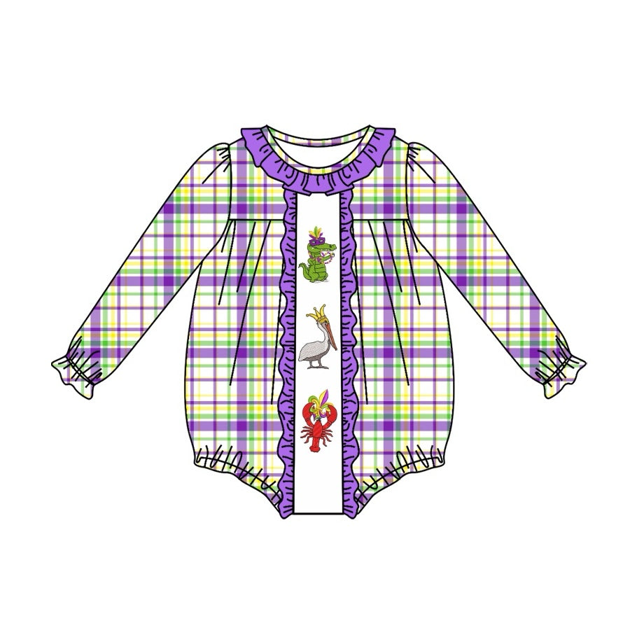 preorder LR2048 Mardi Gras cartoon crayfish cocrodile purple checkered long sleeve girls romper