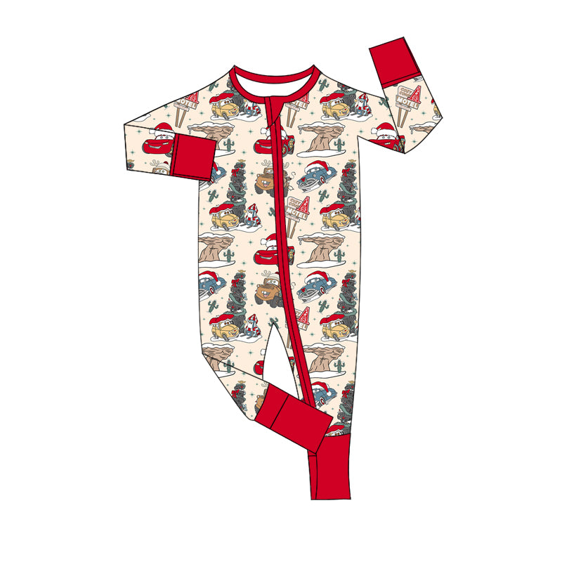 preorder LR2078 Christmas cartoon car tree long sleeve zipper boys romper