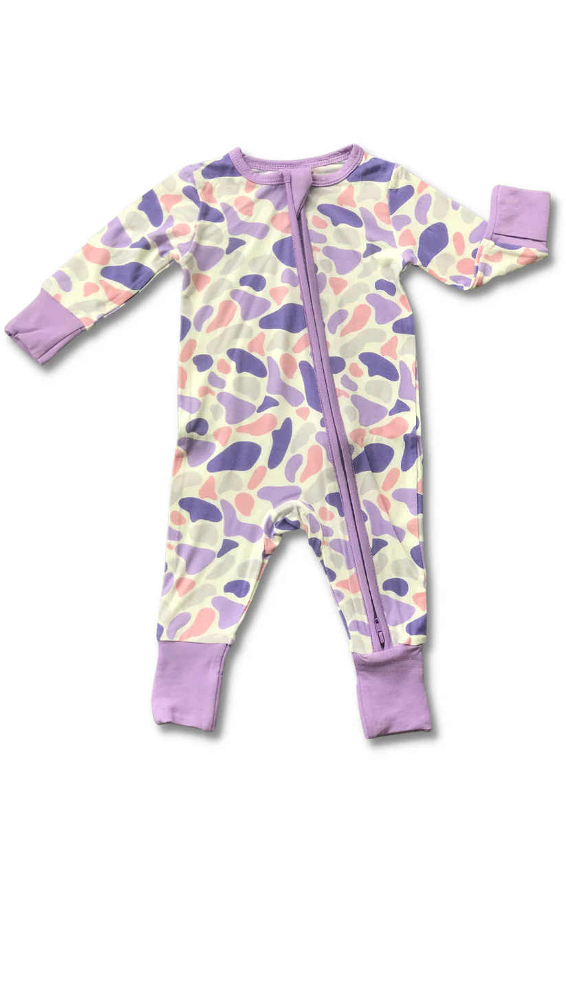 preorder LR2099 purple camo old school zipper long sleeve girls romper