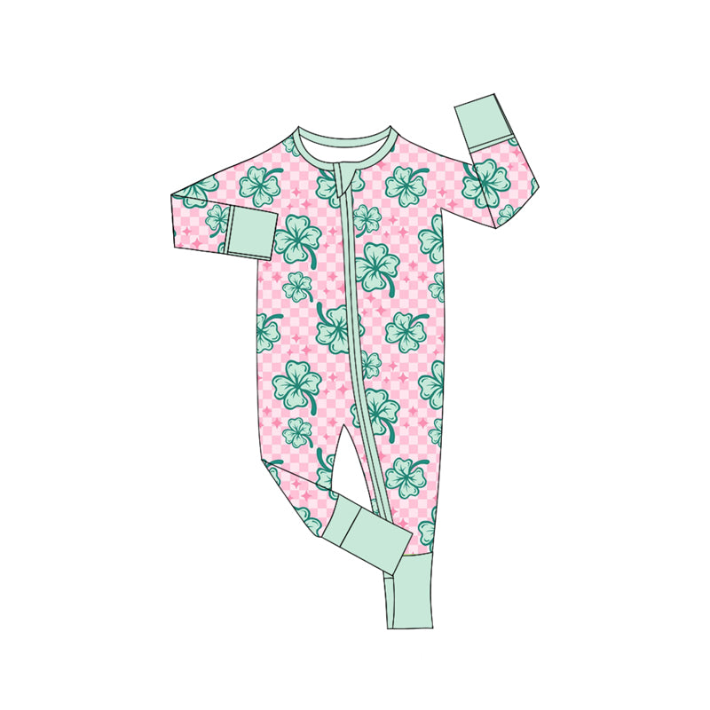 preorder LR2107 St Patrick clover pink checkered long sleeve zipper girls romper