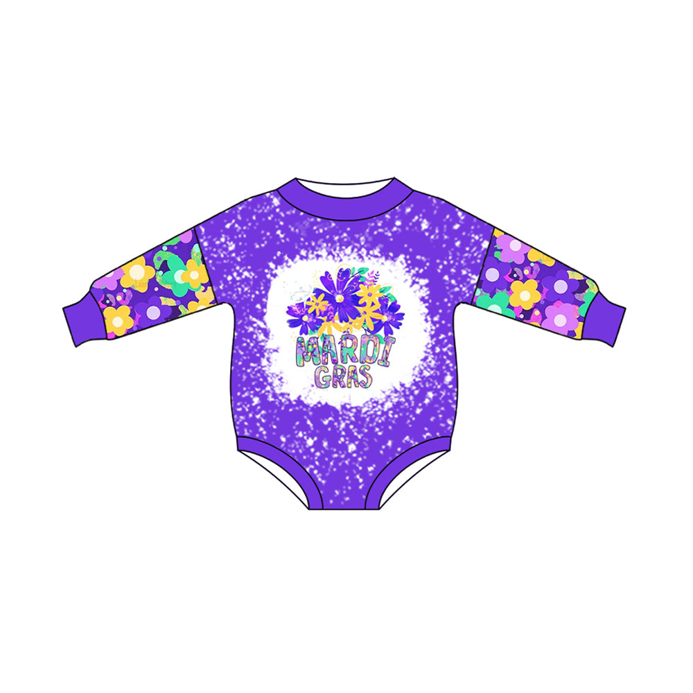 preorder LR2111 Mardi Gras purple flowers long sleeve girls romper