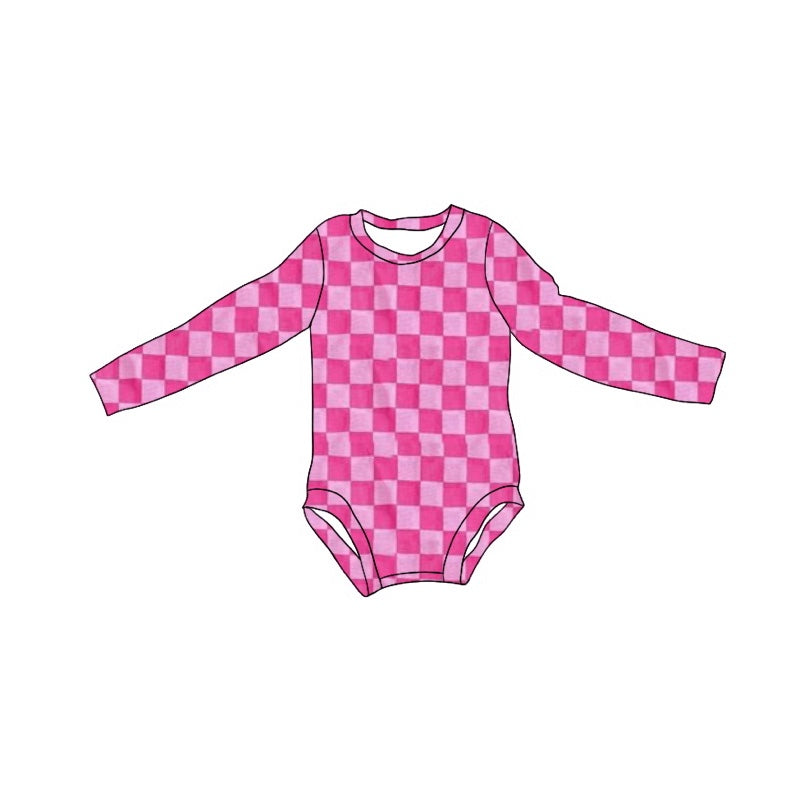 preorder LR2120 hot pink checkered long sleeve girls romper