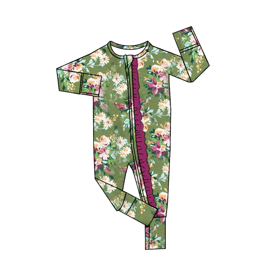 preorder LR2130 watercolor flowers green long sleeve zipper girls romper