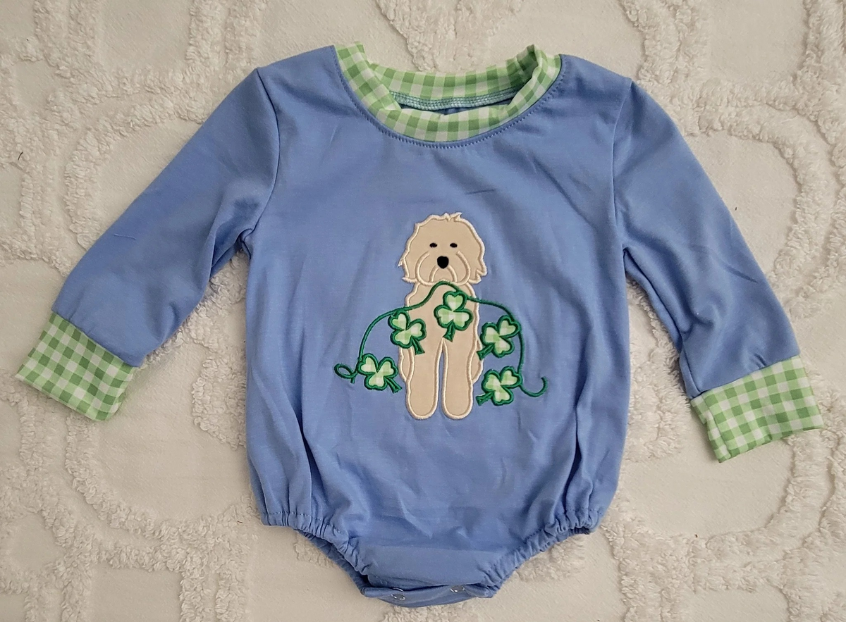 preorder LR2138 St Patrick clover dog blue long sleeve boys romper
