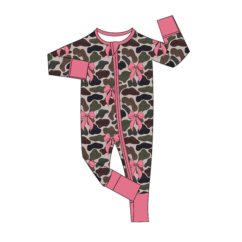 preorder LR2143 hunting camo duck camo pink bows long sleeve zipper girls romper
